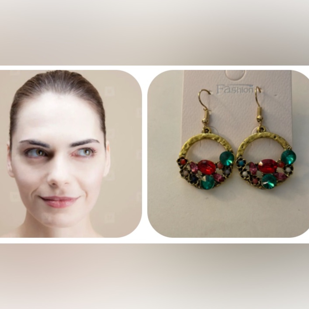 Elegant Hammered Gold and Multicolor Gem Flat Hoop Earrings - Picture 9 of 9